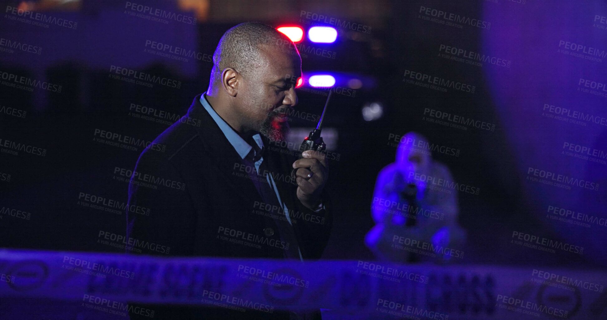 Buy stock photo Police, man and radio for talking at crime scene, investigation or barricade in night, warning or danger sign. Forensic inspection, person or yellow tape with security for robbery, murder or no entry