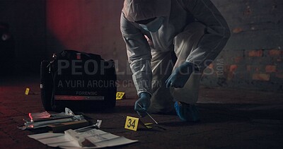 Forensic, csi and swab for dna at crime scene for medical investigation, research analysis and evidence inspection. Science, expert in hazmat and case investigator with observation or search at night