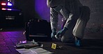 Forensic, csi and swab for dna at crime scene for medical investigation, research analysis and evidence inspection. Science, expert in hazmat and case investigator with observation or search at night