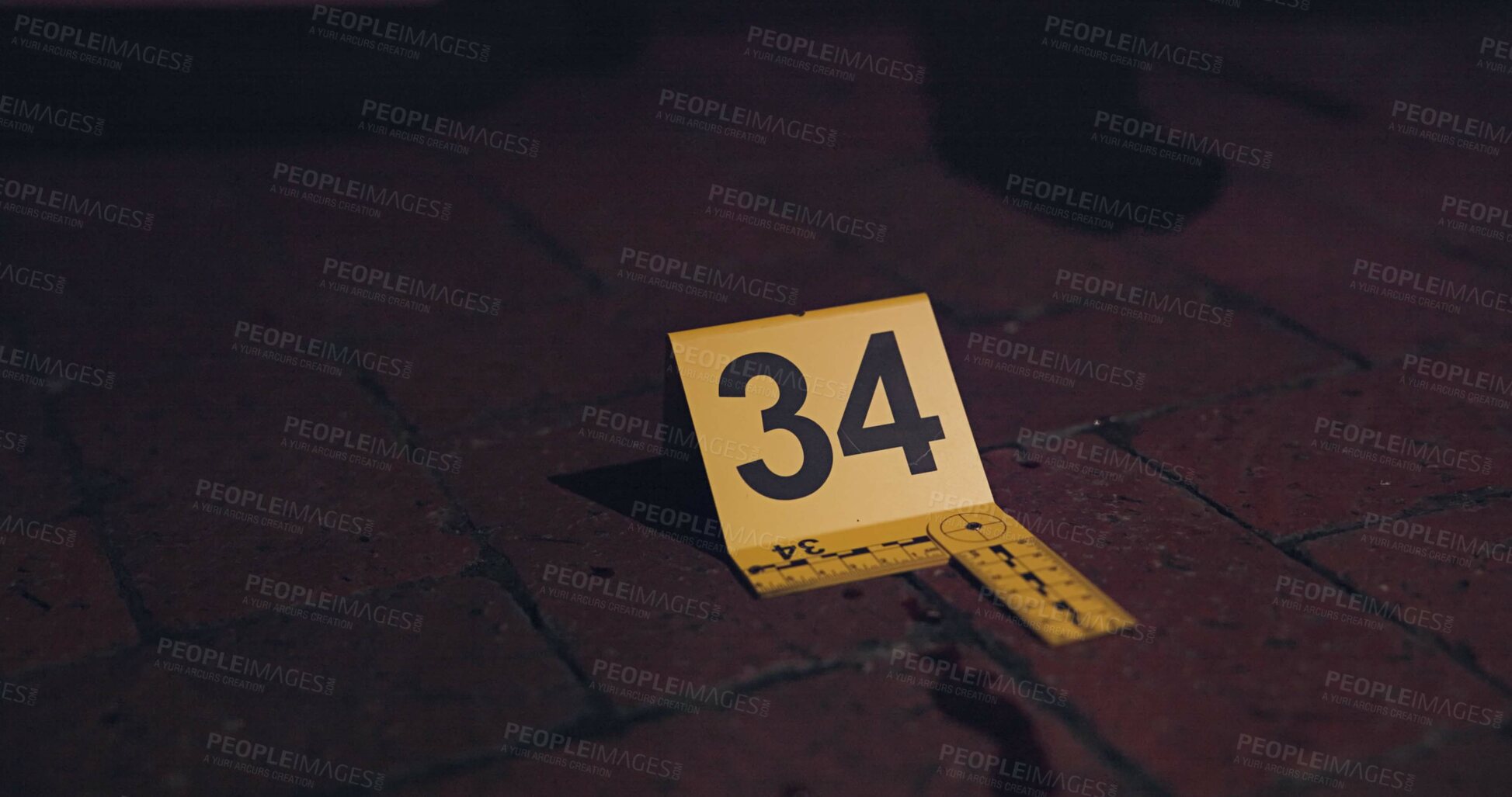 Buy stock photo Crime scene, investigation and blood on floor for evidence, forensics and dna for pathology research. Marker, security and yellow sign with number for warning, caution and incident on red bricks