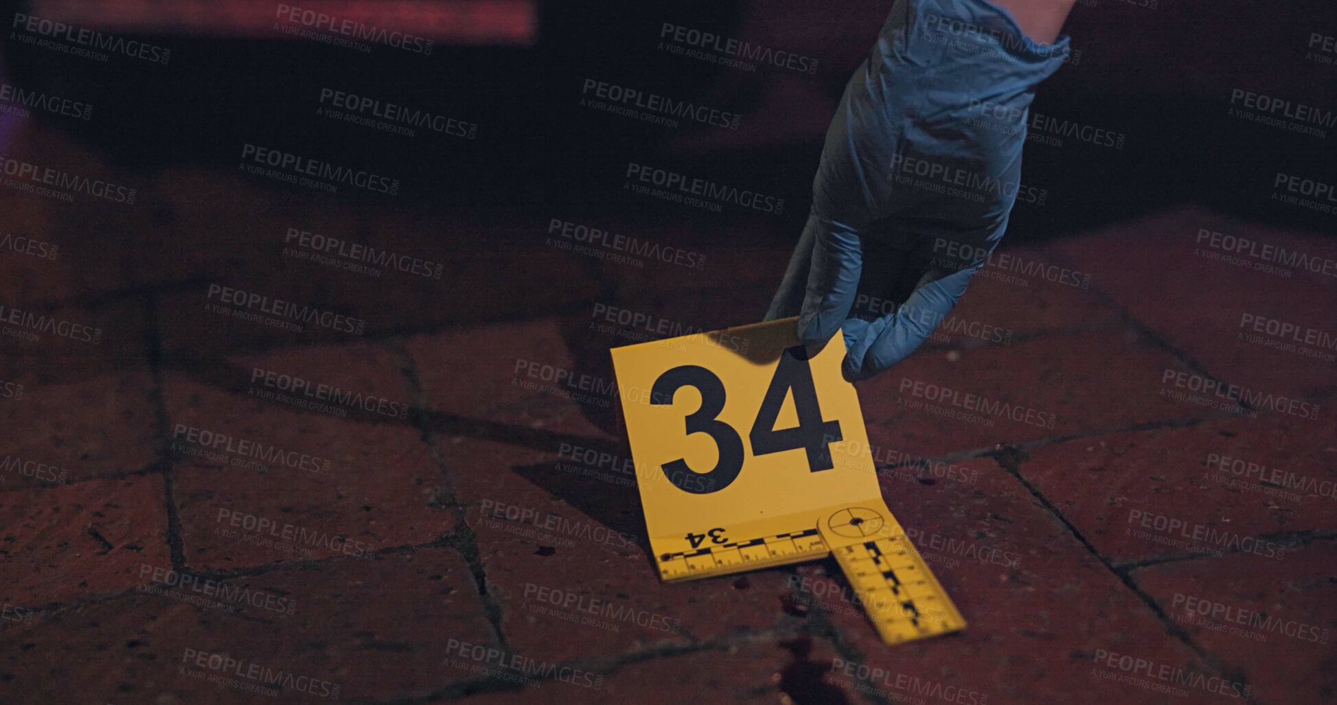Buy stock photo Evidence marker, hand of csi and crime scene with forensic on floor at night for investigation of murder. Professional, expert in gloves and case investigator with observation and search with blood
