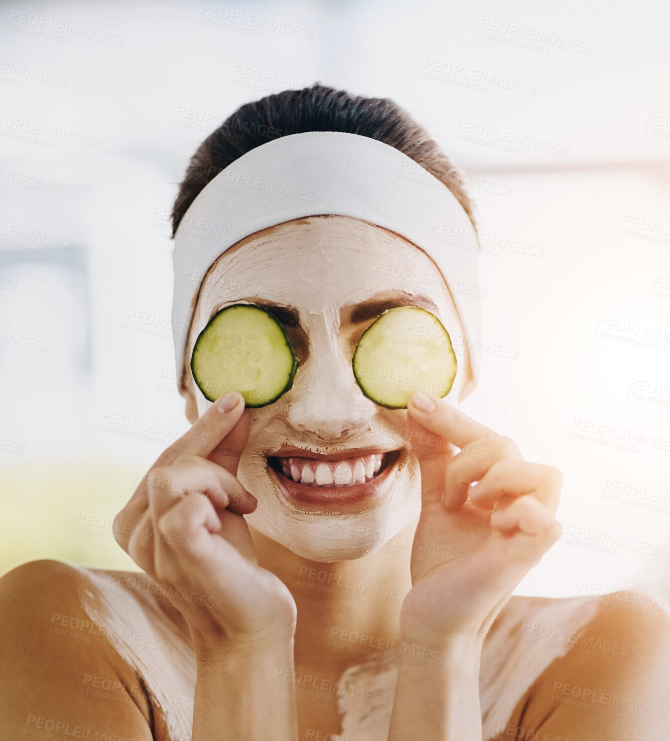 Buy stock photo Woman, facial and cucumber with beauty at spa for skin treatment, vitamin c detox and happy with hydration. Antioxidant, person and face mask with cream for organic skincare, cosmetics or dermatology