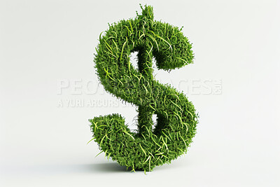 Buy stock photo Grass, dollar sign and symbol with growth, financial and savings on white studio background. Creative, icon for money or investment with increase or prosperity with portfolio development or inflation