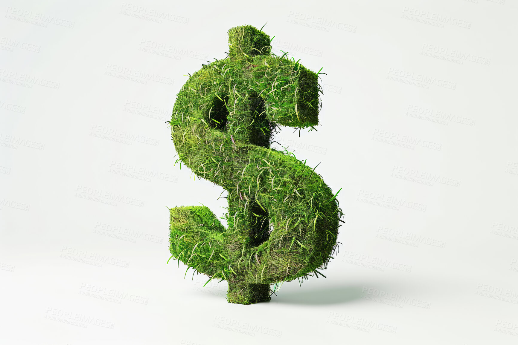 Buy stock photo Grass, green and white background with dollar sign for eco-friendly currency or sustainable finance. Renewable, grassroots and organic wealth, environmental economics and symbol for money or funds