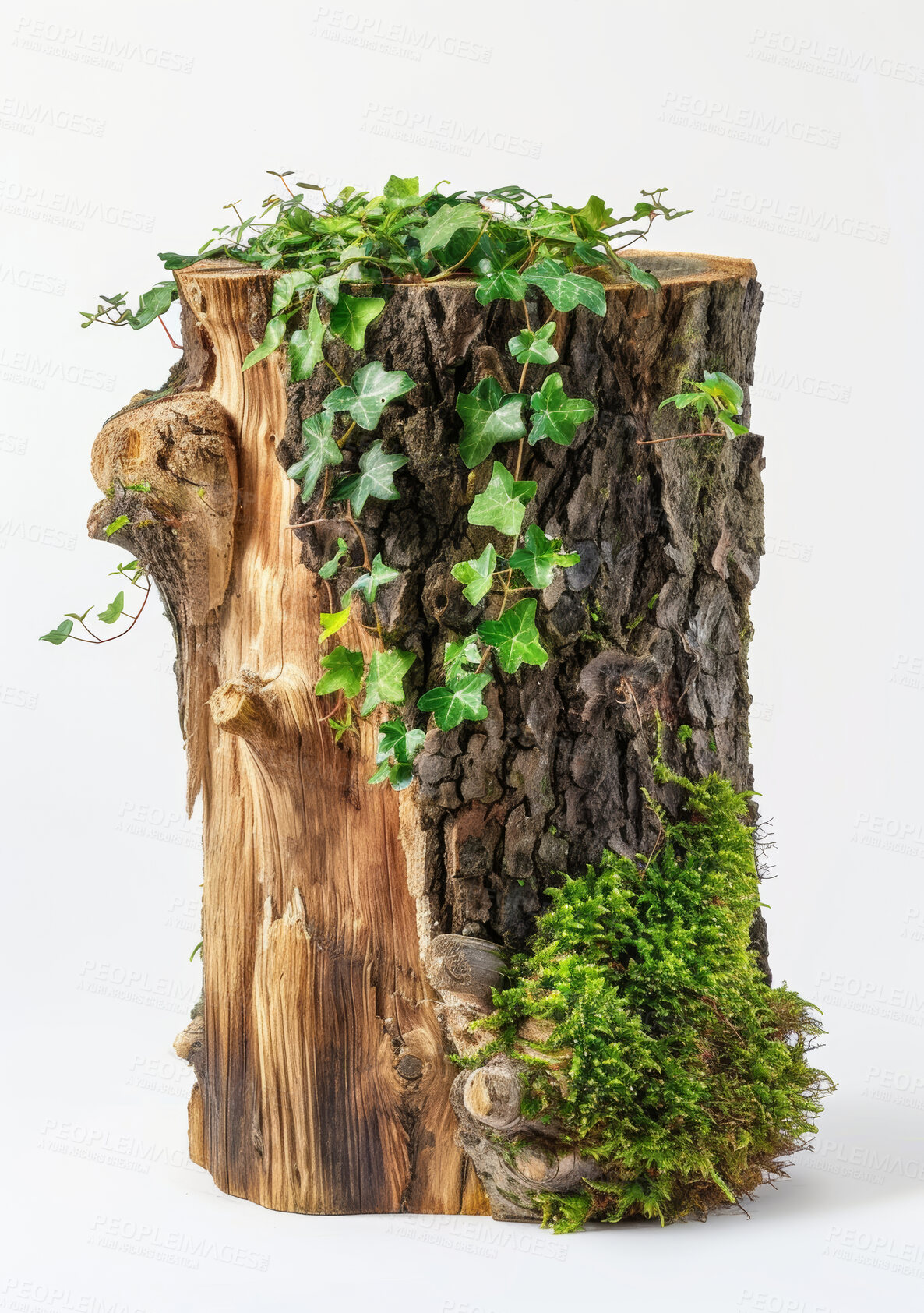 Buy stock photo Tree, stump and white background with nature for environment, brown log and green leaves on wood. Eco friendly, sustainability and log with bark for ecosystem, growth and development on earth day