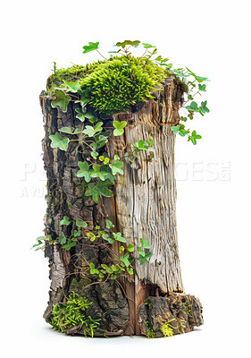Tree, growth and white background with stump for ecosystem, brown log and green leaves on wood. Environment, sustainability and log with bark for nature, eco friendly and development on earth day