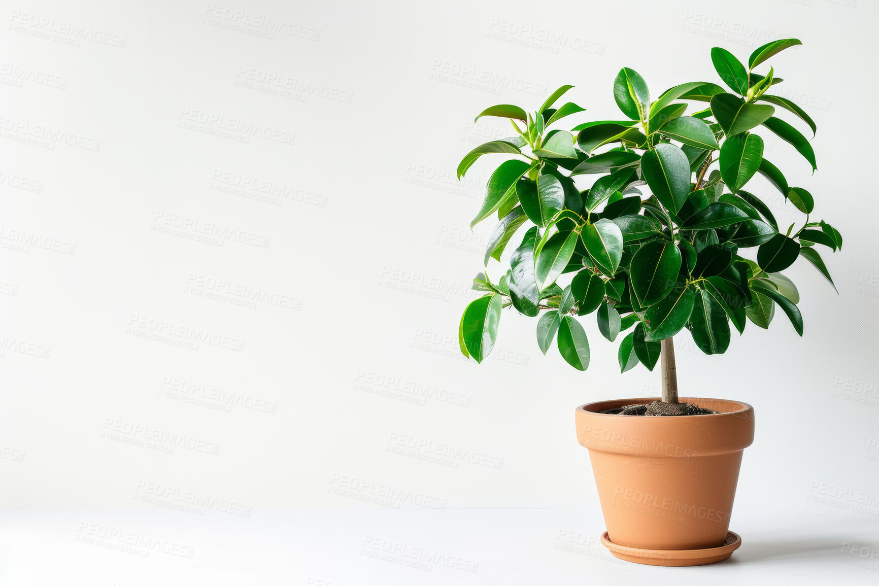 Buy stock photo Ficus, tree and growth of plant in home on white background with tropical evergreen nature as decor. Houseplant, leaves and gardening natural bush in pot container for decoration in mock up space