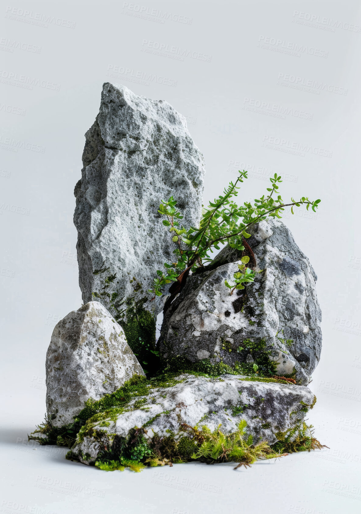 Buy stock photo Stones, plants and moss with decoration and nature with environment on a white background. Empty, rocks and leaves with growth and harmony with mockup space and promotion with vegetation and texture