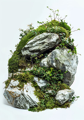 Rock, nature and green, plants and studio, texture and earth, grass and biology, stone and moss. Blue background, leaves and growth, sustainability and ecology, environmental and ecosystem or closeup