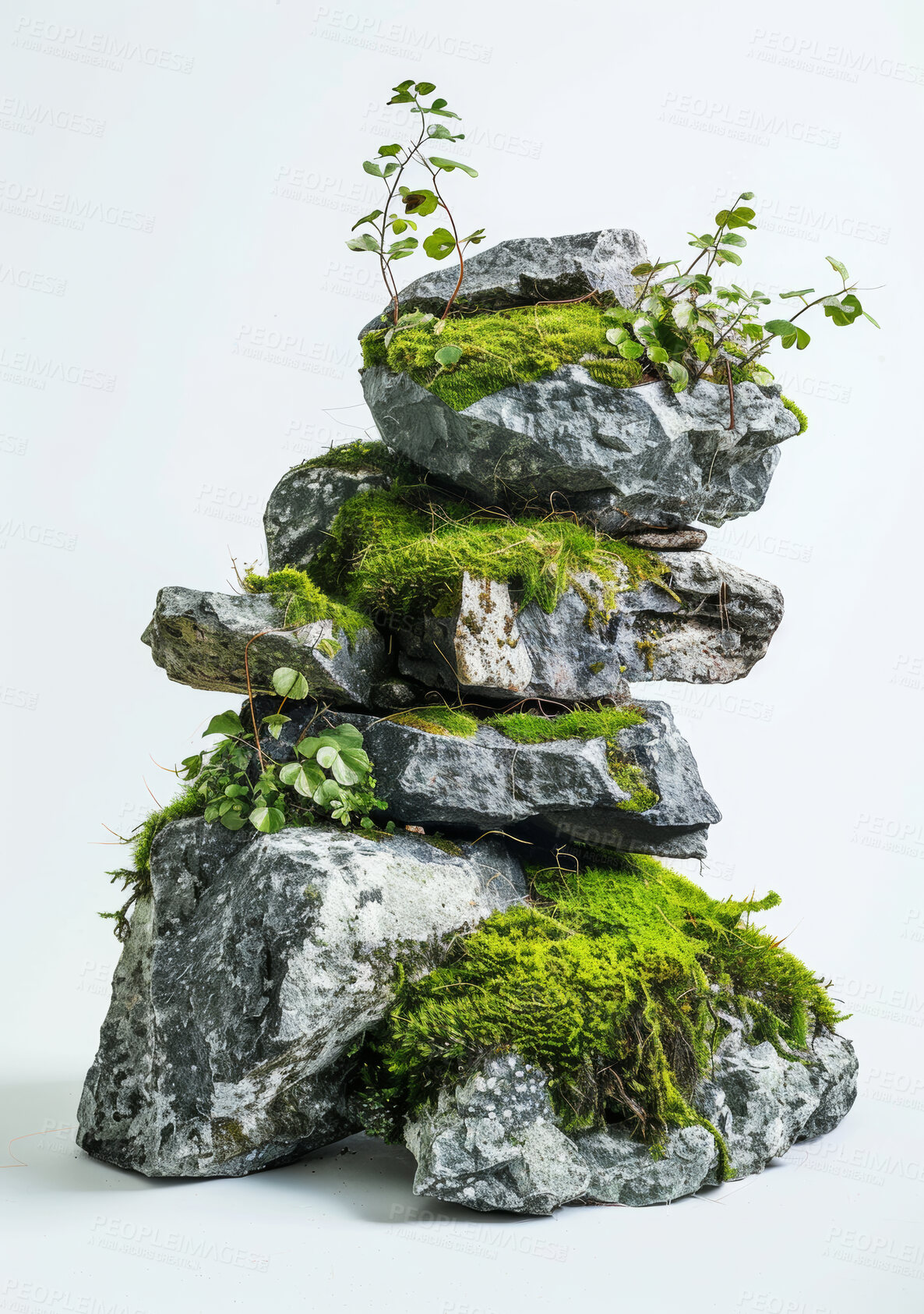 Buy stock photo Stones, plants or moss with nature, ecology or environment on white studio background. Empty, rocks or growth with wallpaper or texture with vegetation or peace with leaves or zen with sustainability