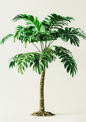 Buy stock photo Palm, tree and growth of plant in home on white background with tropical evergreen nature as decor. Houseplant, leaves and gardening natural bush with roots for botanical decoration in mock up space