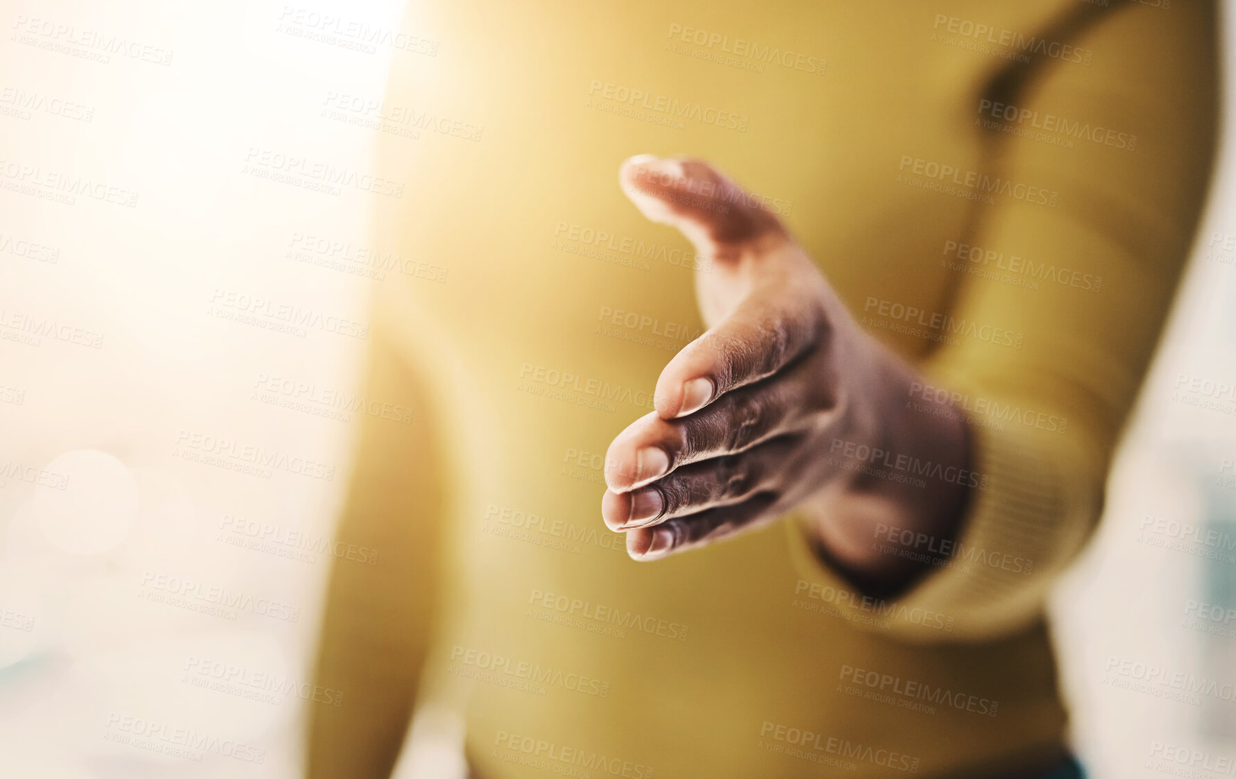 Buy stock photo Business person, handshake and offer in meeting, intro or job interview with hiring opportunity. Human resources worker shaking hands with POV client for deal, recruitment or hello at creative agency