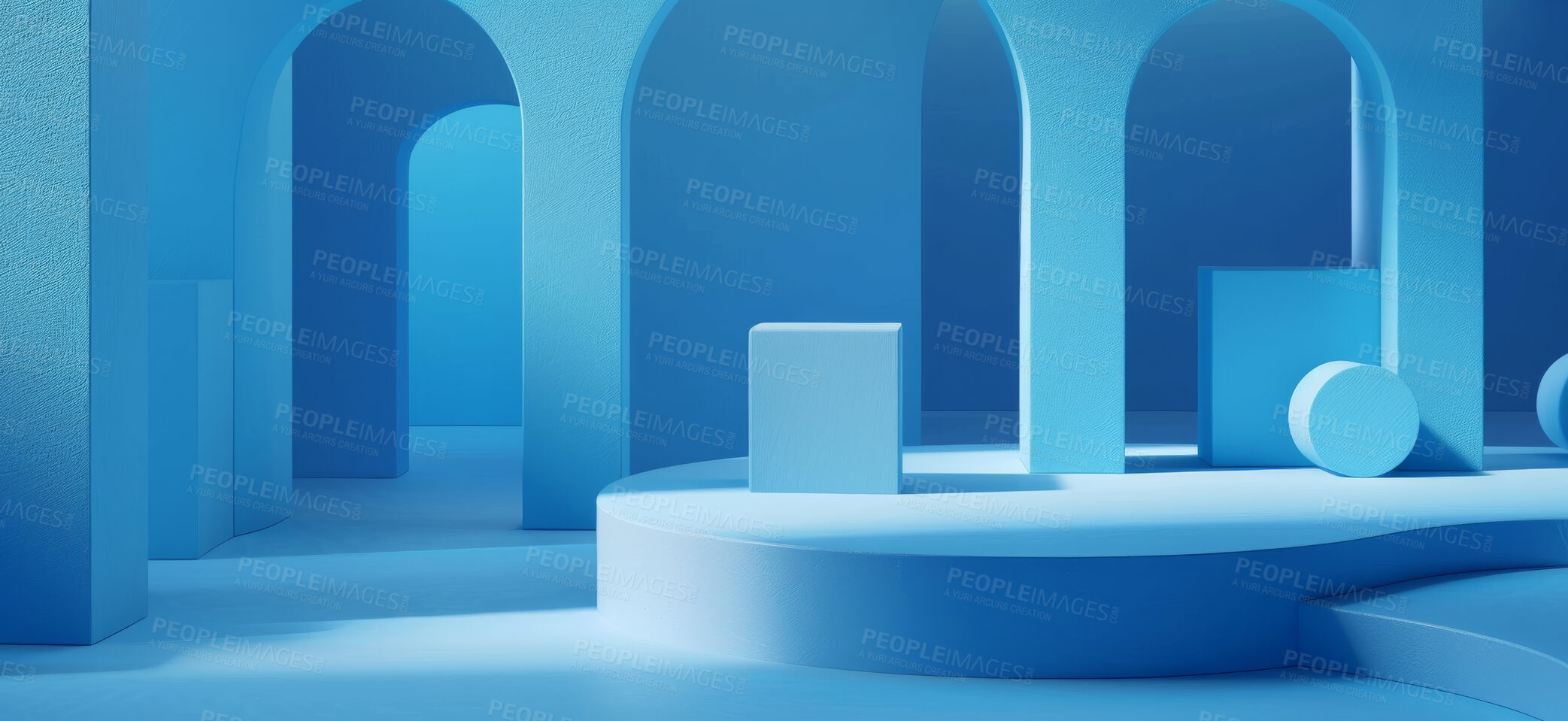Buy stock photo Blue, podium and product placement with mockup in studio for display or brand advertising or collaboration. Pedestal for cosmetics presentation or promotional setup, demonstration and stage for show.