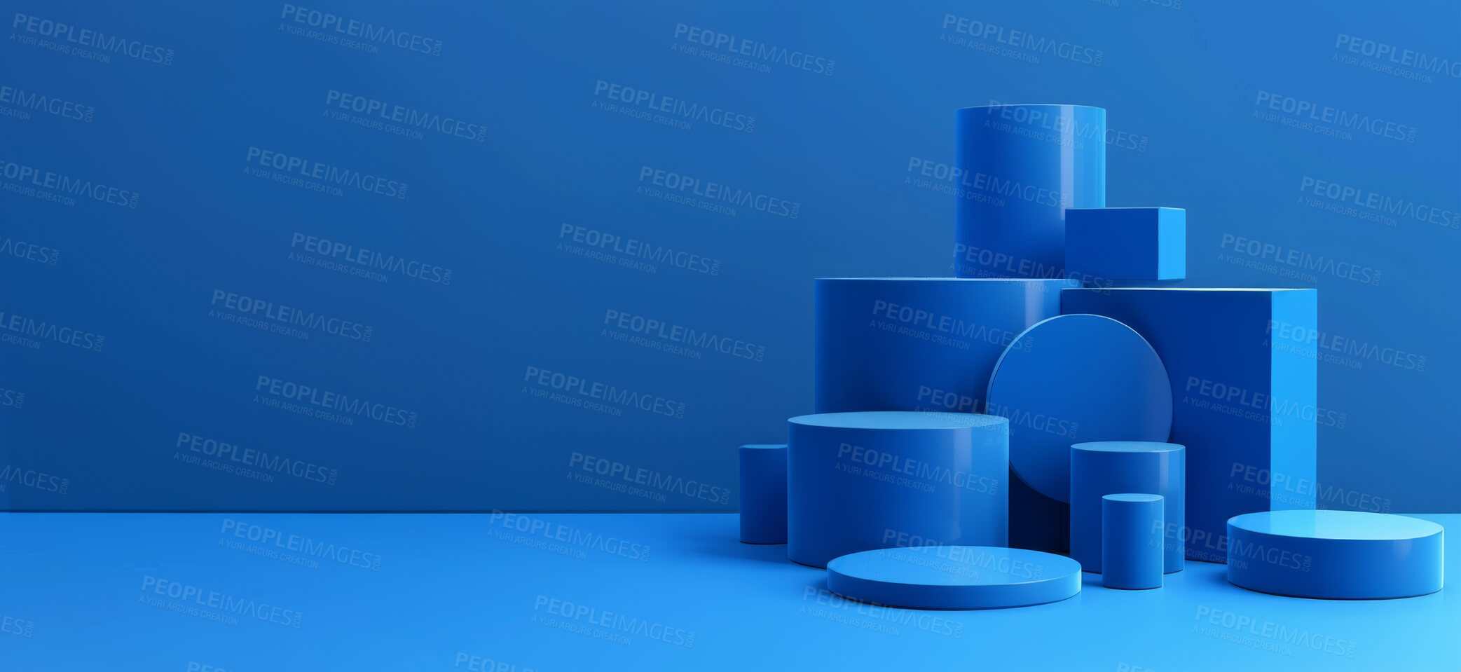 Buy stock photo Blue, color and product placement with mockup in studio for display or brand advertising or collaboration. Podium for cosmetics presentation or promotional setup, demonstration and pedestal for sale.