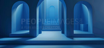 Podium, pillar and 3d mockup in studio for display, setup or demonstration with promotion. Pedestal, blocks and blue arch platform in room for advertising, marketing or presentation with space.