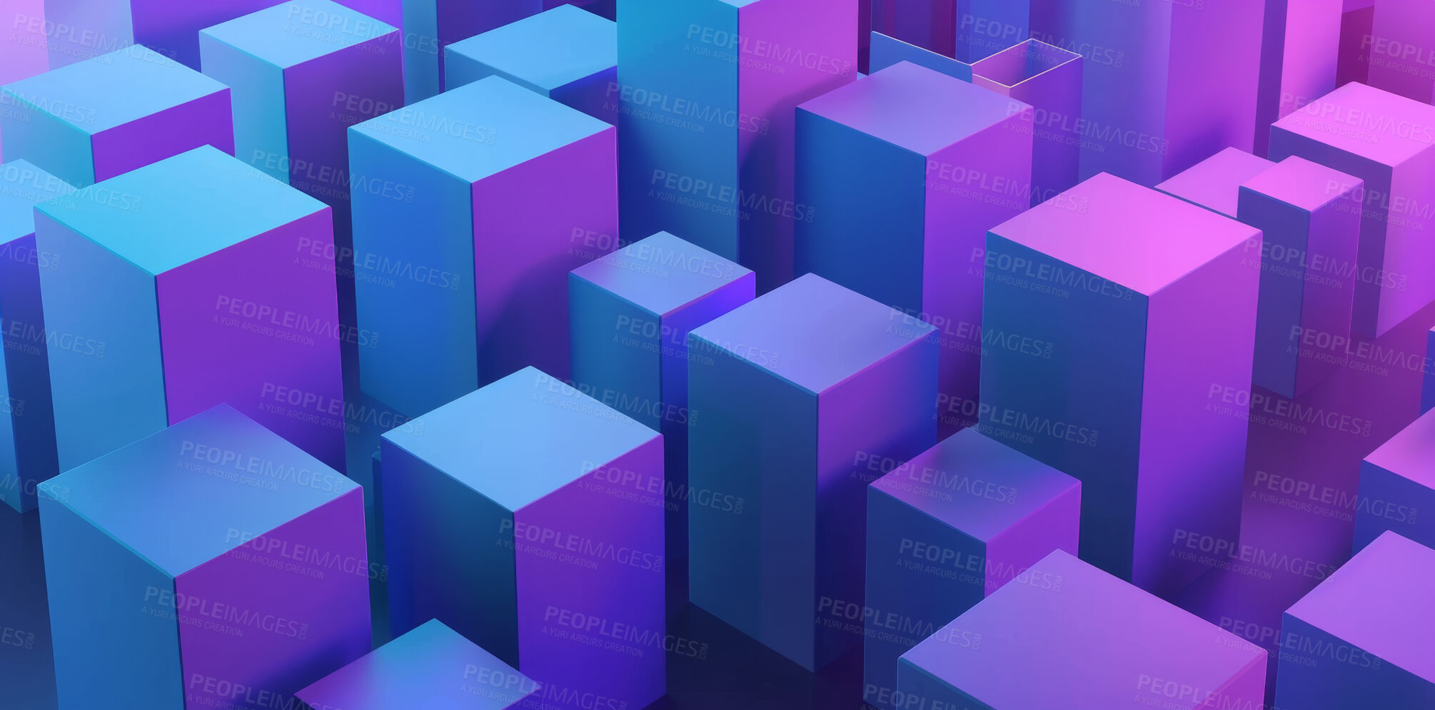 Buy stock photo Cubes, neon and graphic for 3d abstract, design and creative with pattern and virtual. Blue, geometric and techno or textures, structure and digital glow for background and form or wallpaper