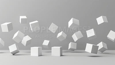 Abstract, art and falling cube illustration in studio on gray background for design or graphic. 3D, creative texture with square block objects floating on ground for creative or geometric pattern