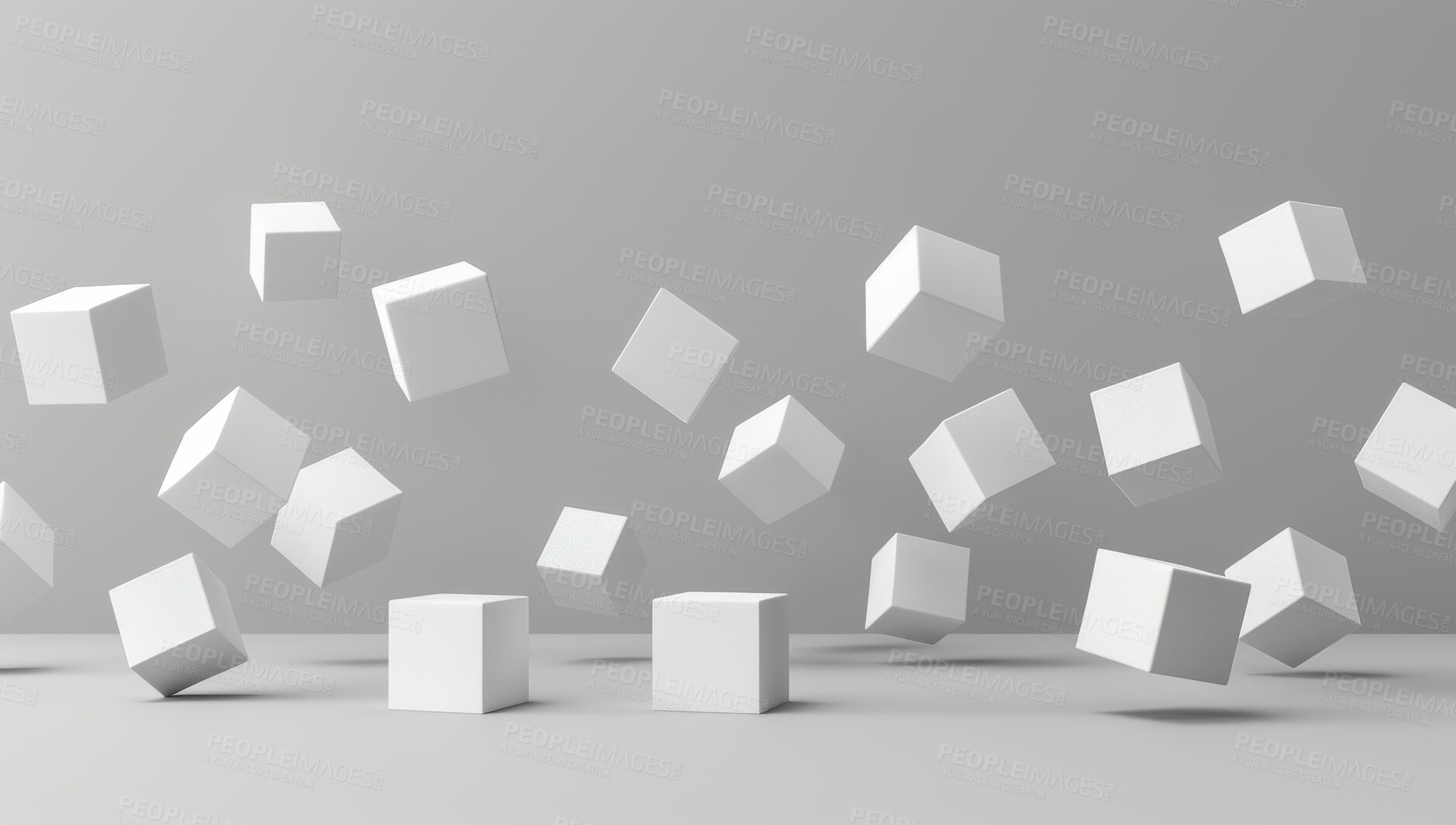 Buy stock photo Abstract, art and falling cube illustration in studio on white background for design or graphic. 3D, creative texture with square block objects floating on ground for shape or geometric pattern