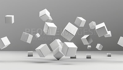 Abstract, art and floating block illustration in studio on gray background for design or graphic. 3D, creative texture with square cube objects falling to ground for creative or geometric pattern