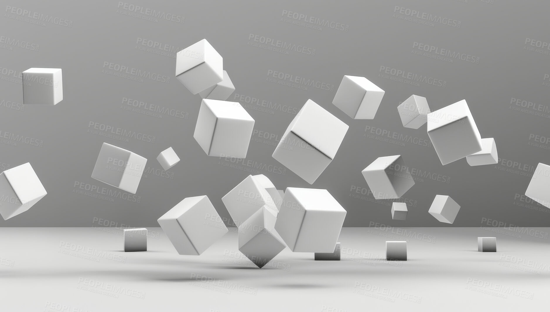 Buy stock photo Abstract, art and floating block illustration in studio on gray background for design or graphic. 3D, creative texture with square cube objects falling to ground for creative or geometric pattern
