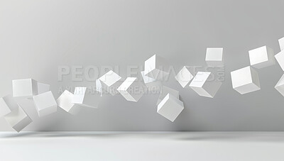 Abstract, art and floating cube illustration in studio on gray background for design or graphic. 3D, creative texture with square block objects falling to ground for creative or geometric pattern
