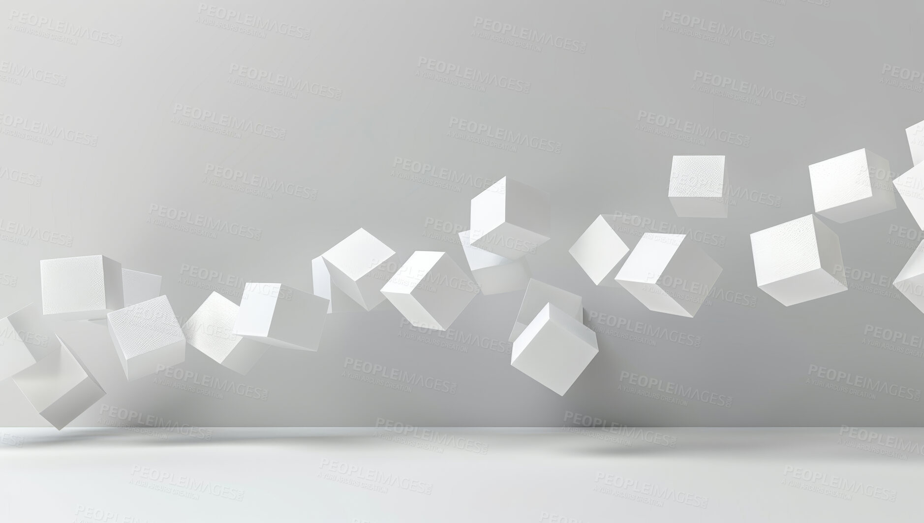 Buy stock photo Abstract, art and floating cube illustration in studio on gray background for design or graphic. 3D, creative texture with square block objects falling to ground for creative or geometric pattern