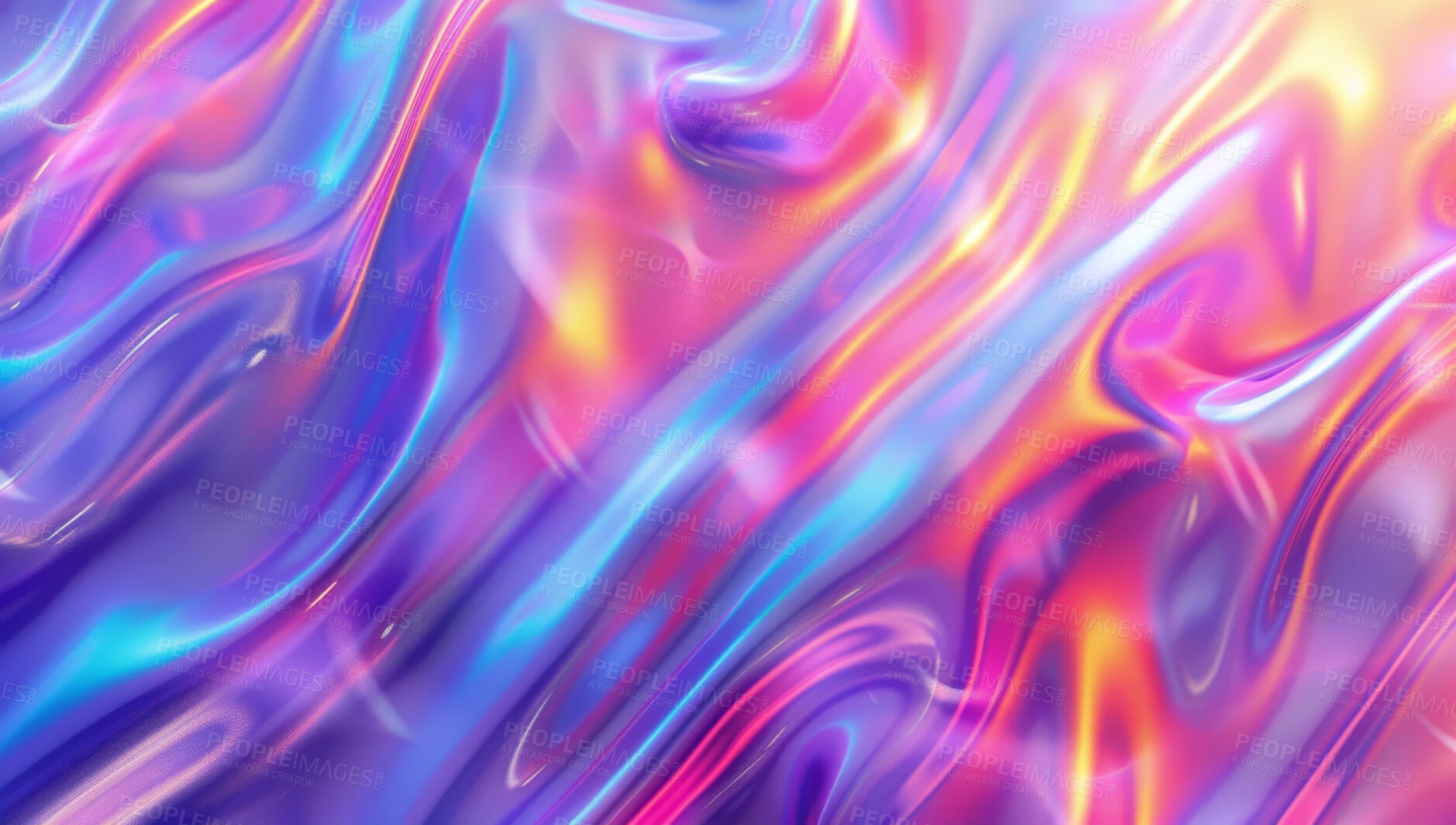 Buy stock photo Holographic, colorful and art wallpaper with metallic waves for abstract background, chrome or creative. Gradient, illustration and glowing neon or rainbow texture or pattern, designs or ultraviolet