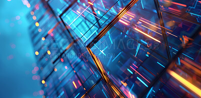 Neon, futuristic and abstract glass with vortex for sci fi or light gradient, creative and crystal in digital cyber pattern. 3D, illustration and graphic design and prism of geometric metaverse