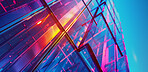 Neon, futuristic and abstract glass with gradient for sci fi or light vortex, creative and crystal in digital cyber pattern. 3D, illustration and graphic design and prism of geometric metaverse
