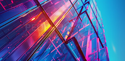 Neon, futuristic and abstract glass with gradient for sci fi or light vortex, creative and crystal in digital cyber pattern. 3D, illustration and graphic design and prism of geometric metaverse