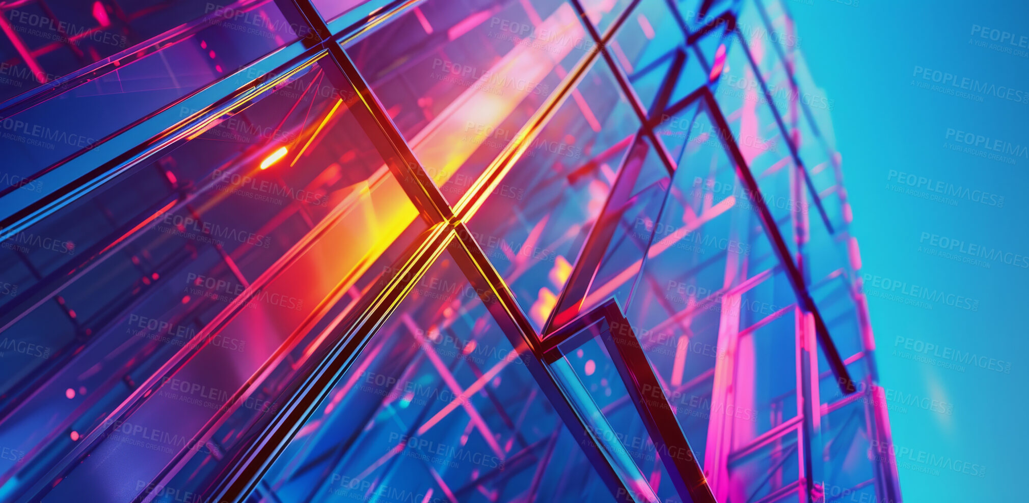 Buy stock photo Neon, futuristic and abstract glass with gradient for sci fi or light vortex, creative and crystal in digital cyber pattern. 3D, illustration and graphic design and prism of geometric metaverse