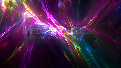 Abstract, waves and color of light or graphic, black background and creative art or wallpaper. Illustration, pattern and isolated on backdrop, glow and neon for style of motion, gradient and design