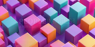 Buy stock photo 3d graphic, cubes and geometry with blockchain and creative color render. Abstract digital block, geometric Illustration and pastel grid for modern wallpaper, mosaic and form for data innovation