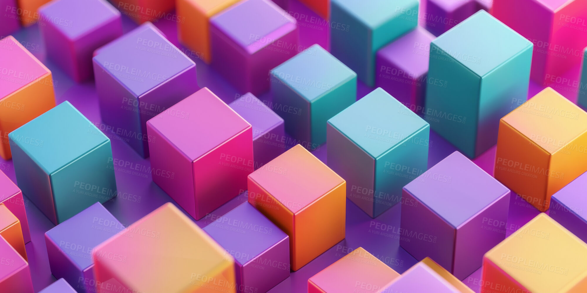 Buy stock photo 3d graphic, cubes and geometry with blockchain and creative color render. Abstract digital block, geometric Illustration and pastel grid for modern wallpaper, mosaic and form for data innovation