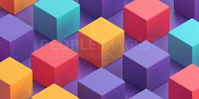 Buy stock photo Abstract graphic, cubes and wallpaper with blockchain and creative color render. 3d digital block, geometric Illustration and pastel grid for modern geometry, mosaic and form for data innovation