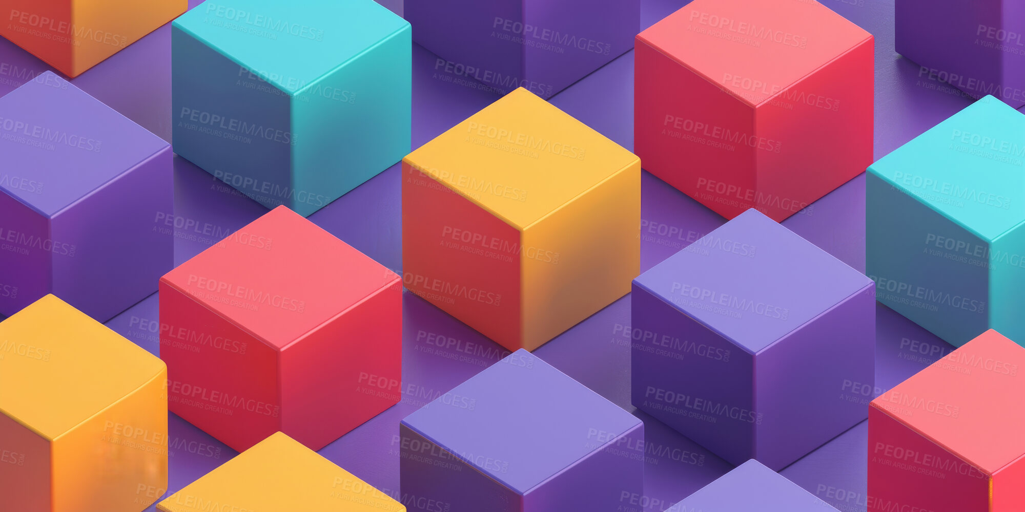 Buy stock photo Abstract graphic, cubes and wallpaper with blockchain and creative color render. 3d digital block, geometric Illustration and pastel grid for modern geometry, mosaic and form for data innovation
