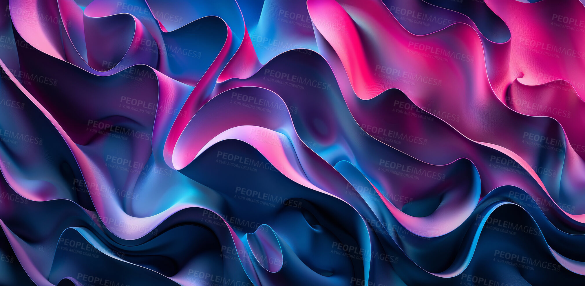 Buy stock photo Abstract, wallpaper and design with 3d waves, art or illustration isolated on background. Pattern, flow and texture with gradient of motion, iridescent or creative graphic on neon closeup on backdrop