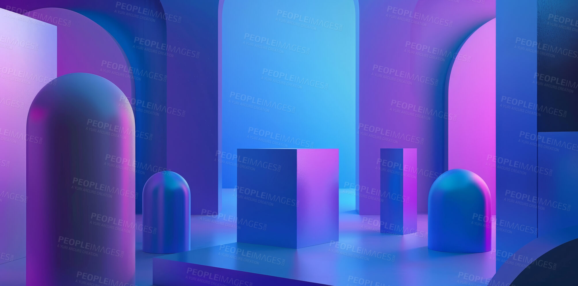 Buy stock photo Podium, color and product placement with mockup in studio for display or brand advertising or collaboration. Stage for cosmetics presentation or promotional setup, demonstration with vibrant purple.