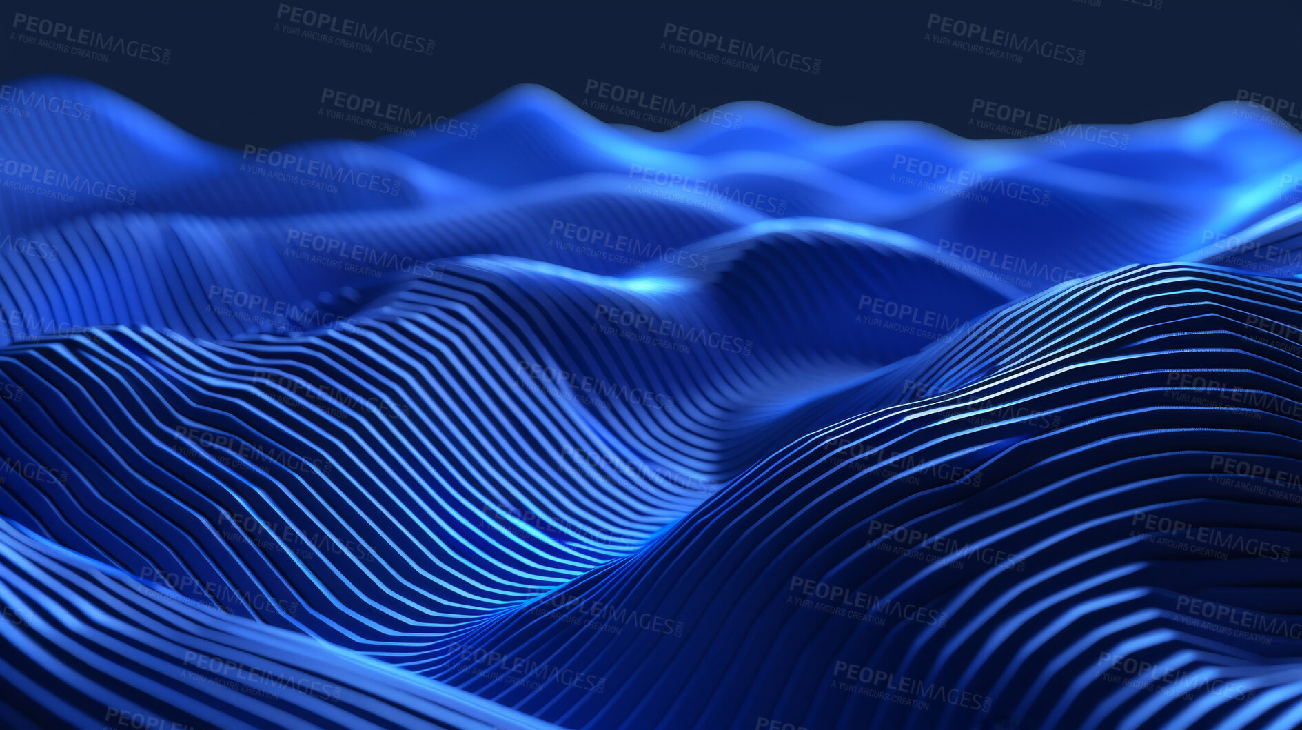 Buy stock photo 3d waves, pattern and blue background for texture, art or wallpaper illustration of fabric. Abstract, flow or design with gradient of motion, textile or graphic of liquid on creative backdrop closeup
