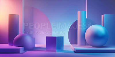 Purple, shapes and product placement with mockup in studio for display or brand advertising or collaboration. Podium for cosmetics presentation or promotional setup, demonstration and vibrant color.