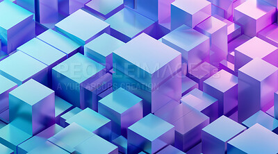 Buy stock photo Block, cubes and render graphic, 3d and abstract design or creative pattern. Neon, wallpaper and blockchain, textures and structure, digital and glow, background and form for geometric illustration