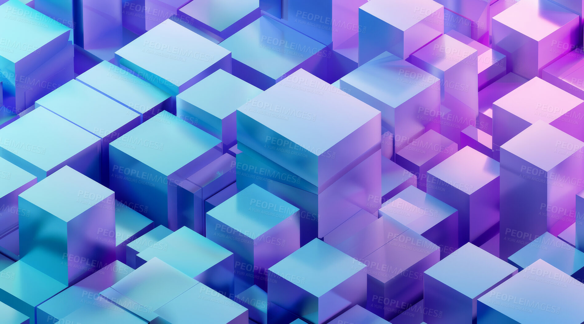Buy stock photo Block, cubes and render graphic, 3d and abstract design or creative pattern. Neon, wallpaper and blockchain, textures and structure, digital and glow, background and form for geometric illustration