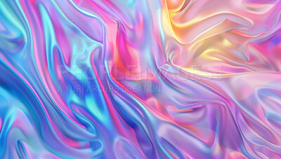 Buy stock photo Colorful, holographic and texture with metallic abstract for wavy wallpaper, background or fabric. Ultraviolet, textile and foil or spectrum surface with chrome gradient for shiny illustration.