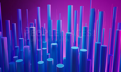 Shapes, pillar and 3d abstract for geometric design with pattern, art and neon texture. Creative, structure and glow of digital illustration cylinder for abstract podium by purple background.