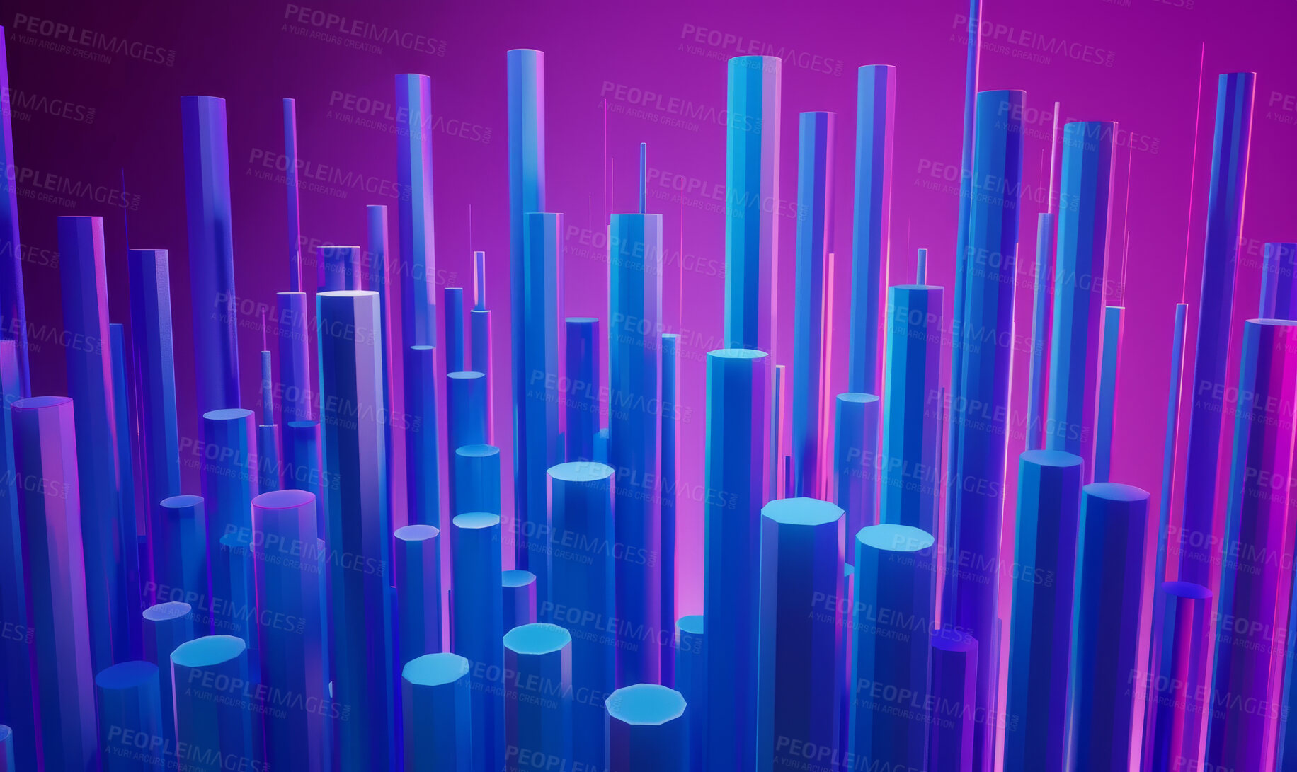 Buy stock photo Shapes, pillar and 3d abstract for geometric design with pattern, art and neon texture. Creative, structure and glow of digital illustration cylinder for abstract podium by purple background.