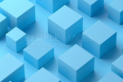 Buy stock photo Cubes, illustration and graphic for 3d abstract, design and creative with pattern and virtual. Blue, geometric and techno or textures, structure and digital glow for background and form or wallpaper