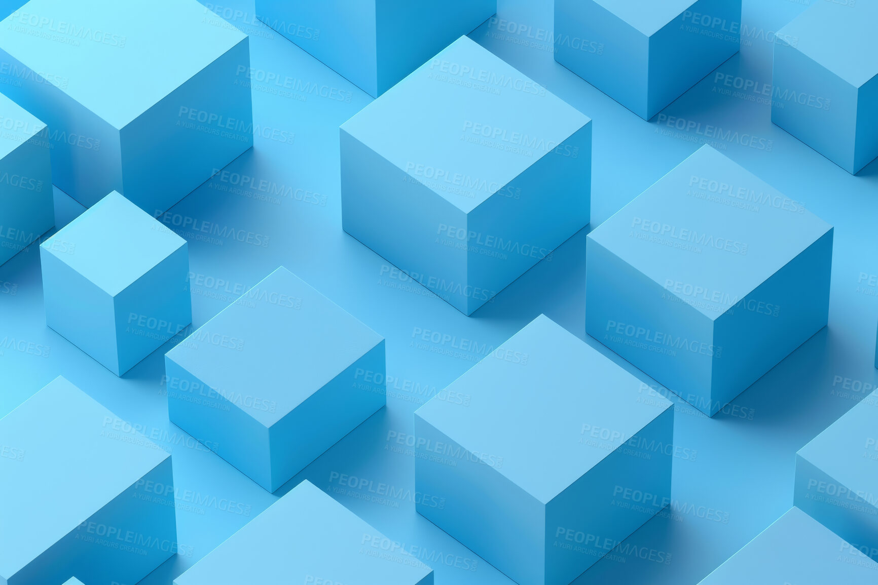 Buy stock photo Cubes, illustration and graphic for 3d abstract, design and creative with pattern and virtual. Blue, geometric and techno or textures, structure and digital glow for background and form or wallpaper