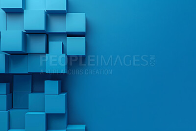 Buy stock photo Cubes, wallpaper and graphic for 3d abstract, design and creative with pattern and virtual. Blue, geometric and techno or textures, structure and digital glow for background and form or illustration