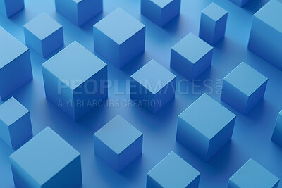 Buy stock photo 3d graphic, cubes and wallpaper with shape, blockchain and creative color render. Abstract digital block, geometric Illustration and blue grid for modern geometry, mosaic and form for data innovation