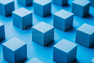 Buy stock photo Block, wallpaper and graphic for 3d abstract, design and creative with pattern and virtual. Blue, geometric and techno or textures, structure and digital glow for background and form or illustration